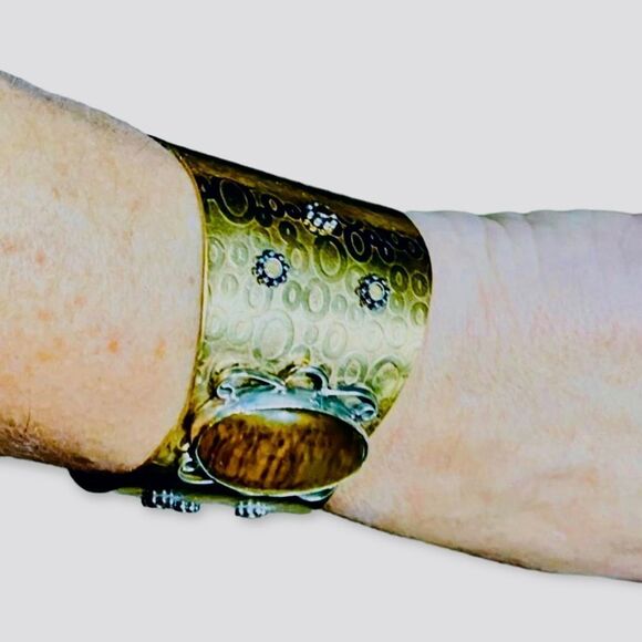 Natural Tiger Eye Textured Sterling Silver Lace Brass Wide Cuff Bracelet - NEW - Picture 3 of 3